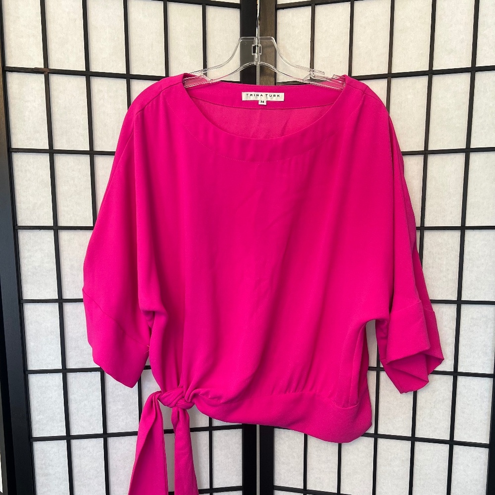Trina Turk Fuchsia Pink Silky Shiny 3/4 Sleeve Blouse